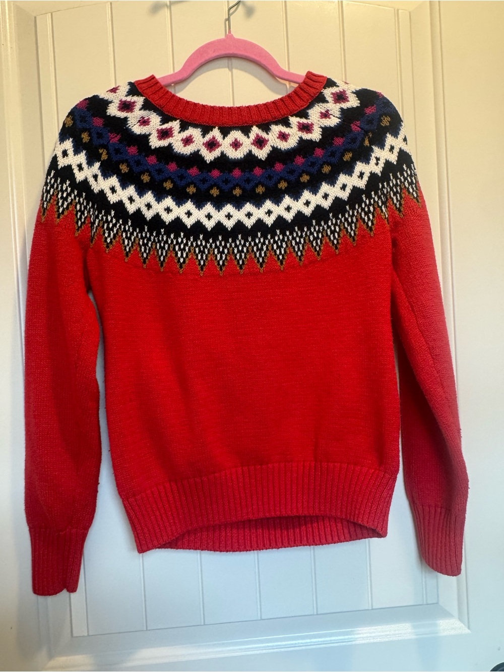 Old Navy Red Fair Isle Crewneck Sweater with Black, White and Purple Accents